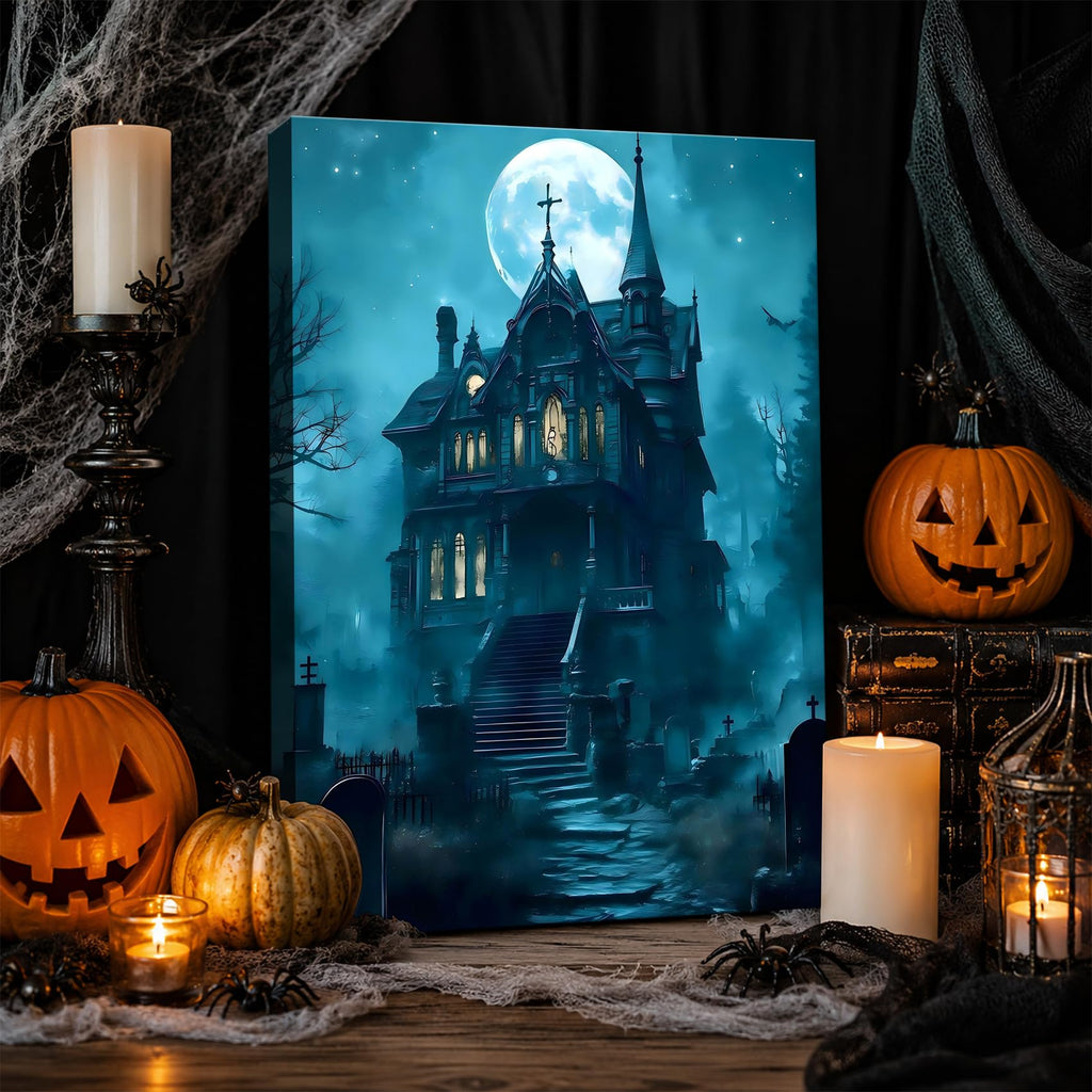 Framed Halloween Canvas Art Haunted Mansion in Foggy Forest Under Full Moon, Gothic Horror Landscape Artwork Canvas