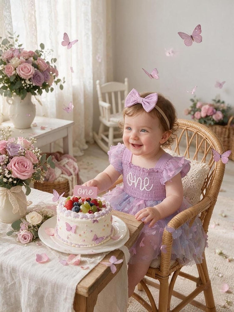 Baby Girls First Birthday Outfit Sqaure Neck Ruffle Fly Sleeve Tulle Tutu Romper Dress with Bowknot Headband