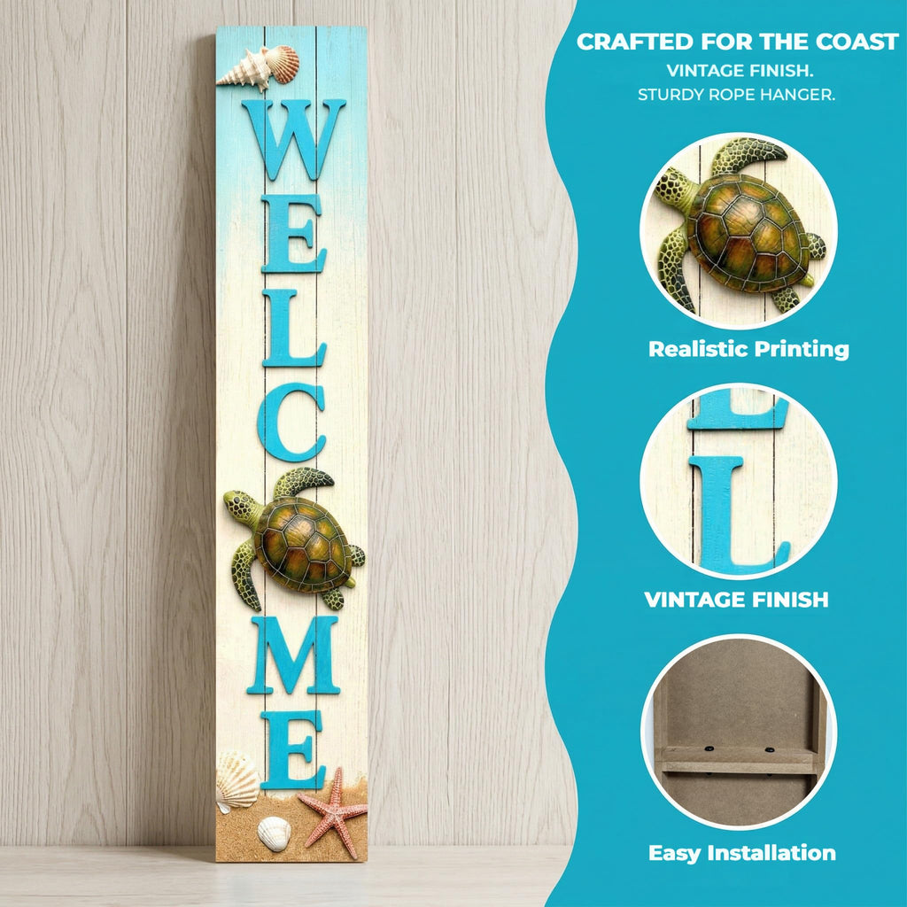 Vertical Wooden Sea Turtle Welcome Porch Sign, Rustic Summer Porch Standing Sign, Beach Decorative Plaques for Front