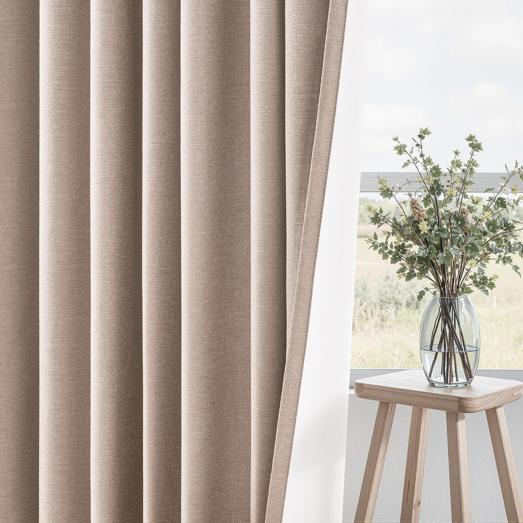 90 inch long linen Blackout curtains 2 Panels 100% Black out Linen texture Curtain Window Drapes with Back Tab Rod