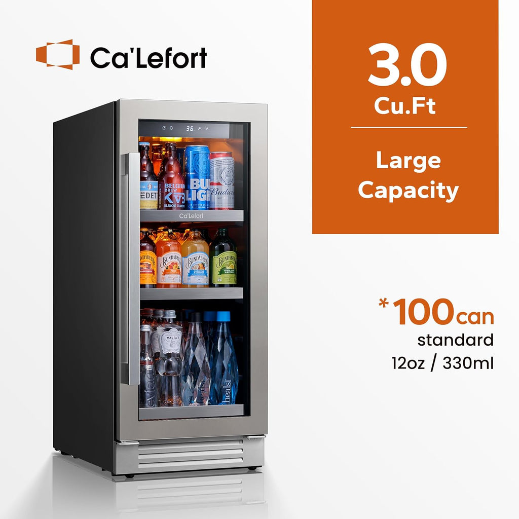 15 Inch Beverage Refrigerator Cooler - 100 Can Mini Fridge with Glass Door for S