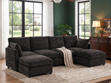 Modular Sectional Couch, Modern 6 Seater Convertible U Shaped Sofa with Ottoman, Spring Cushion Seating, Black