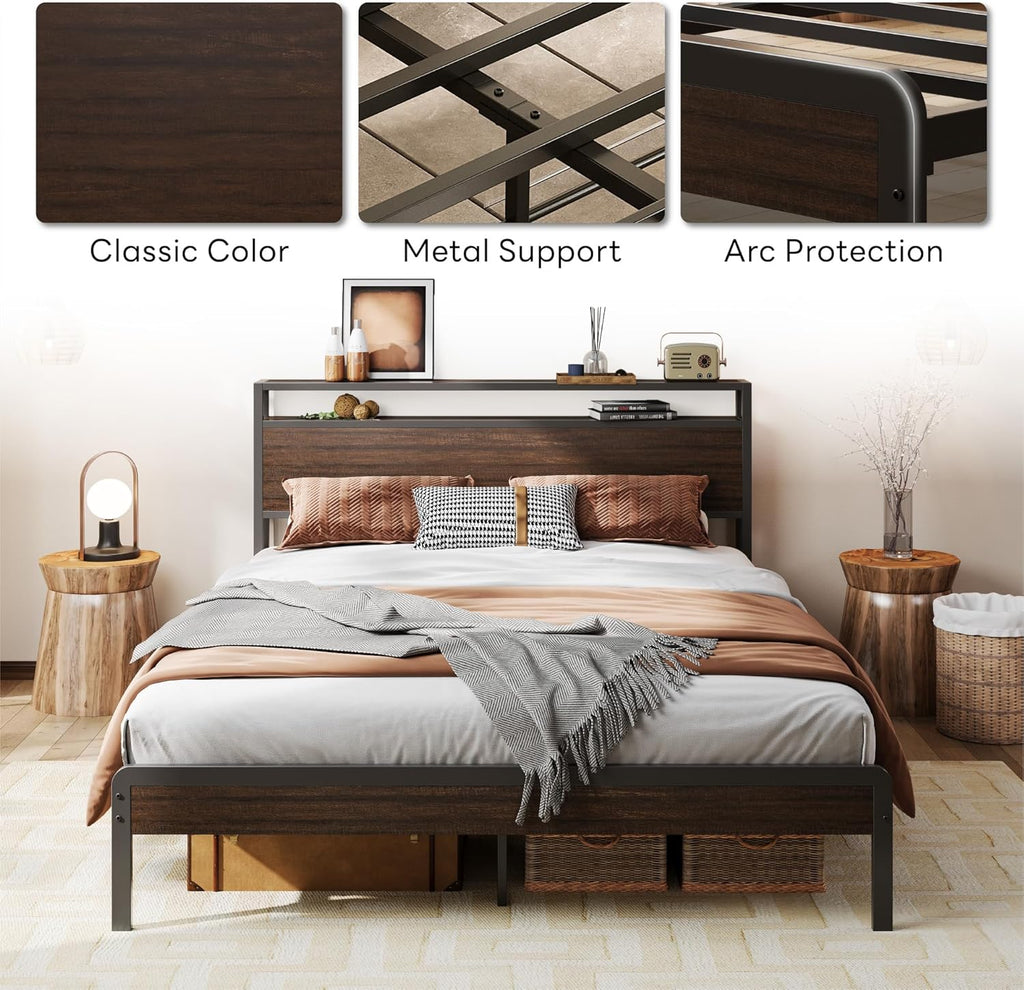 Queen Bed Frame with Headboard, Dark Wood Camas Queen with Strong Supports, Sturdy, Noise-Free, No Box Spring Needed