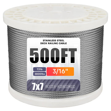 3/16" Stainless Steel Cable for Deck Cable Railing System, Premium T316 Cable Kits, 7x7 Strands Construction
