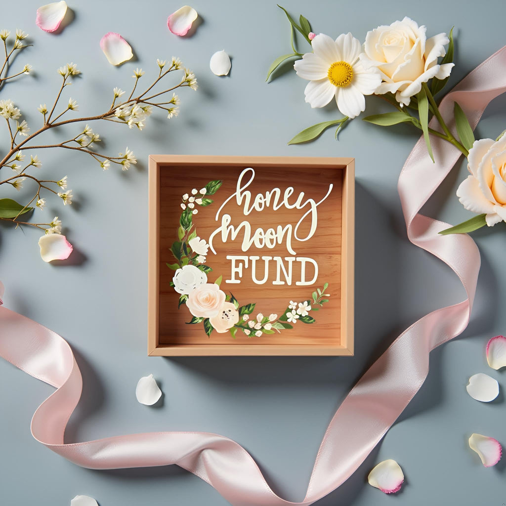 Roberts Honey Moon Fund box, Rustic Wood Card Box with Mixed Floral Garland Design for Weddings, Birthdays