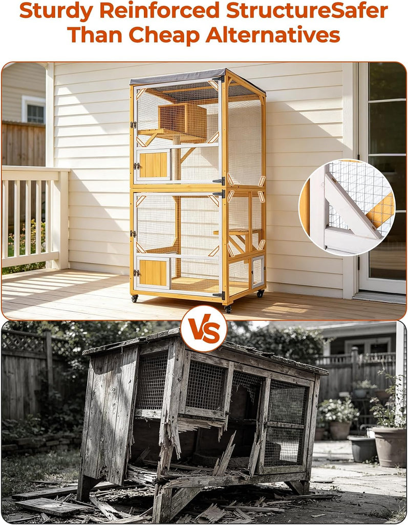 71.7" Catio Outdoor Cat Enclosure, 4 Tier Wooden Cat House with Wheels, Indoor Outdoor Cat Cage with Window Access