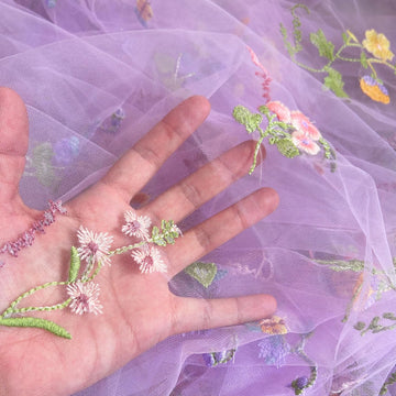 Elegant White Lace Fabric Tulle Fabric by Yard Colorful Floral Embroidery, 35x51in - Soft Tulle for DIY Dresses &
