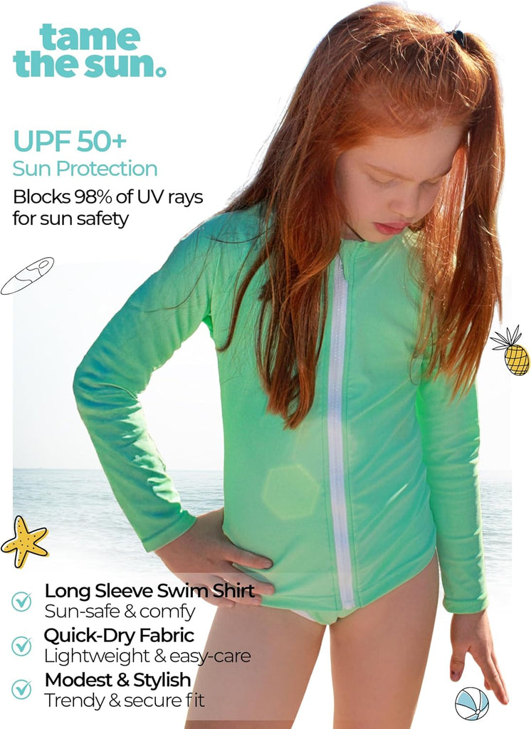 Girls Long Sleeve Swim Shirt UPF 50+ Rash Guard One Piece Zipper Swim Shirt
