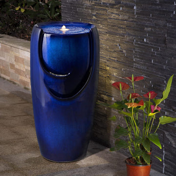 29.25" H Outdoor Water Fountain Ceramic Jar Water Fountain with LED Light and Submersible Pump Vase Freestanding