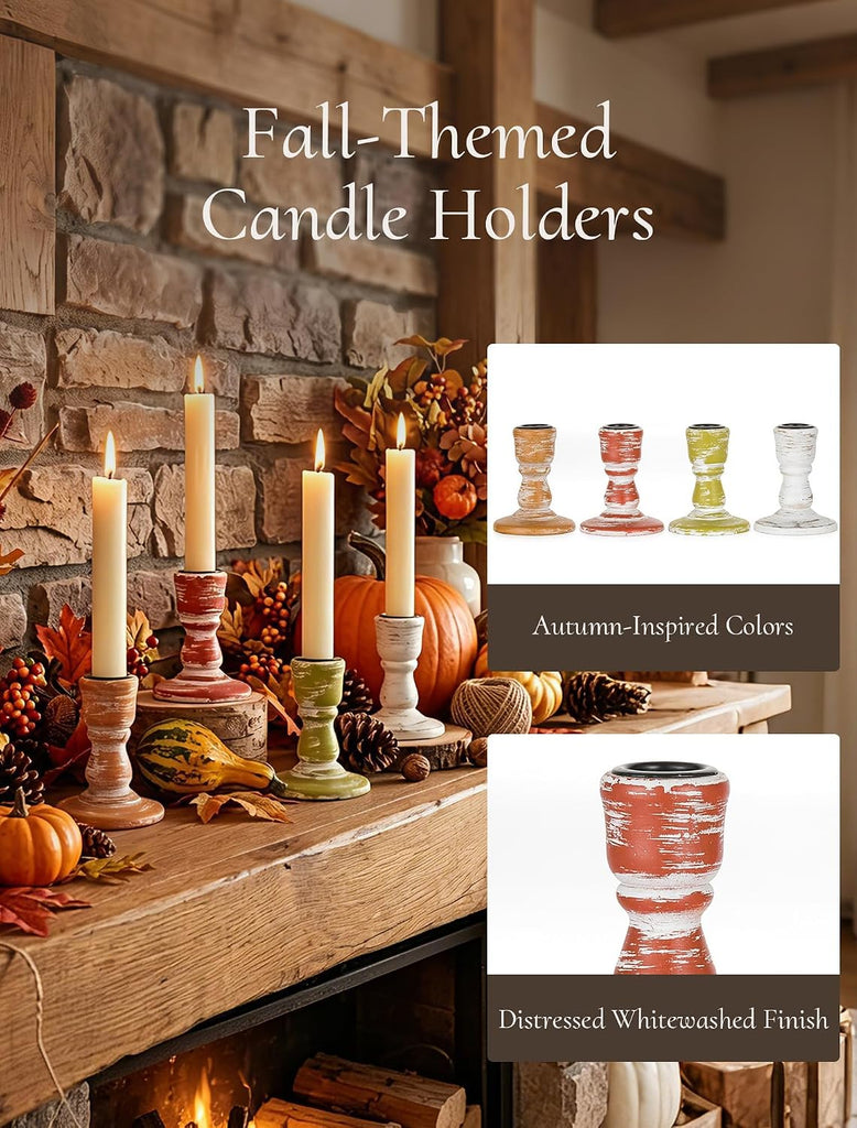 Fall Table Decor Rustic: Wooden Candlestick Holders - Set of 4