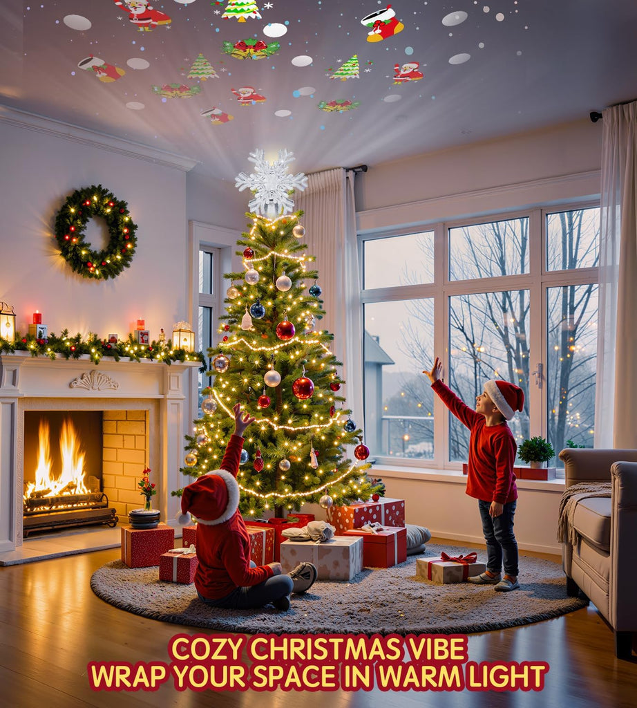 Tree Topper Lighted Decorations, Built-in Led 360° Rotating Projector Lights, Silver Spangles Plug in for Indoor Home