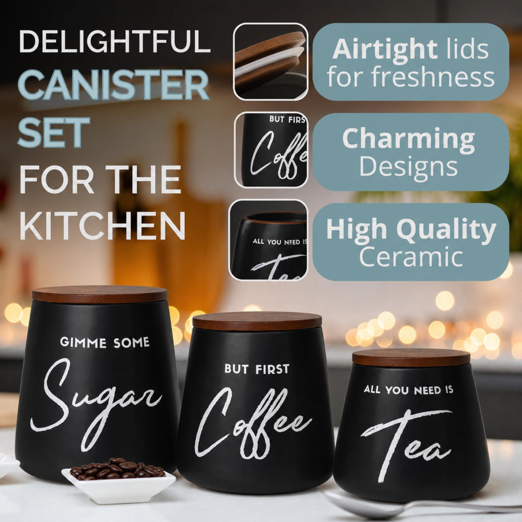 Modern Coffee Tea Sugar Container Set, 3pc Ceramic Storage Jar, Matte Black