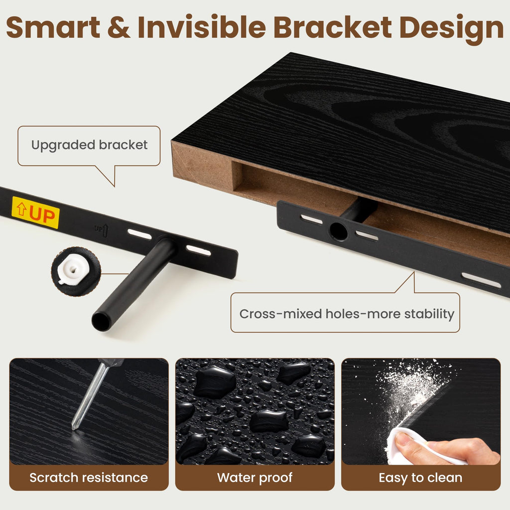 55 Inch Floating Shelves for Wall, 8 Inch Deep, Invisible Brackets, Black