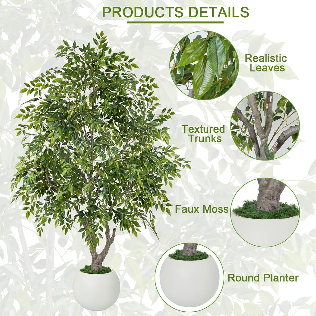8ft Artificial Ficus Tree with Round White Planter for Indoor Decor