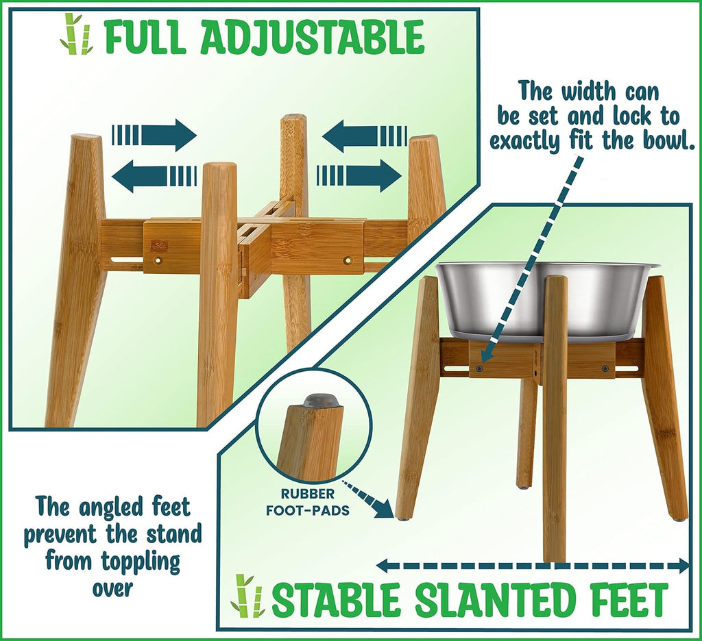 Dog Bowl Stand for Large Dogs - Adjustable, Bamboo