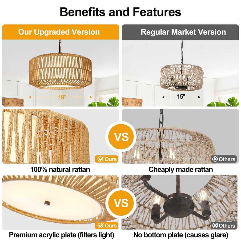 19" Rattan Chandelier, Gold Boho Dining Room Light Fixture