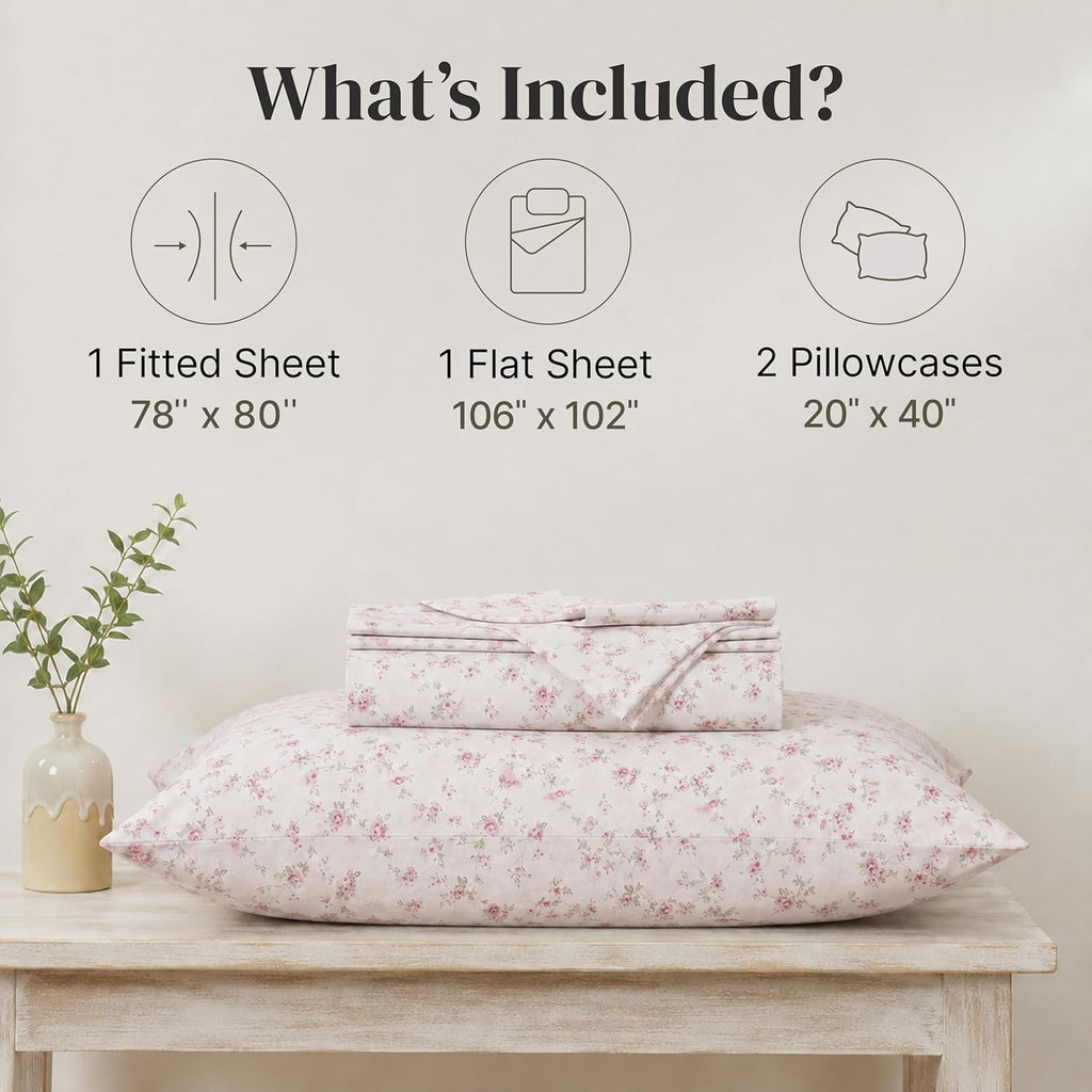 Printed 4-Piece Extra Soft Bedding Sheets & Pillowcase Set, Deep Pocket up to 16 inch Mattress Kashmir Rose King