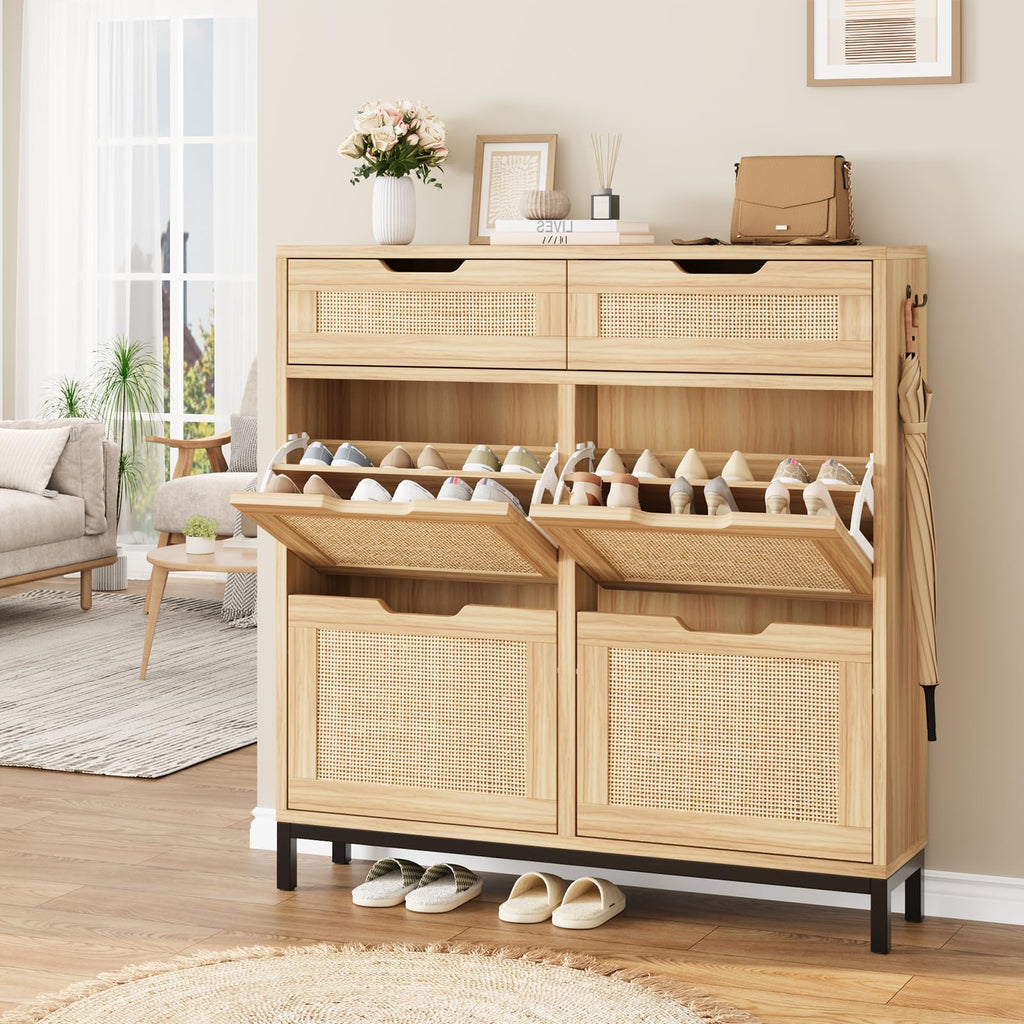 Rattan Shoe Cabinet, Boho Shoe Storage Cabinet with 4 Flip Drawers and 2 Drawers, Narrow Freestanding Shoe Rack with