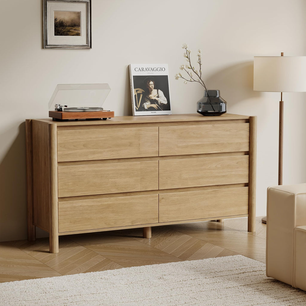 Oak Dresser, 47" Wide 6 Drawer Mid Century Modern Chest