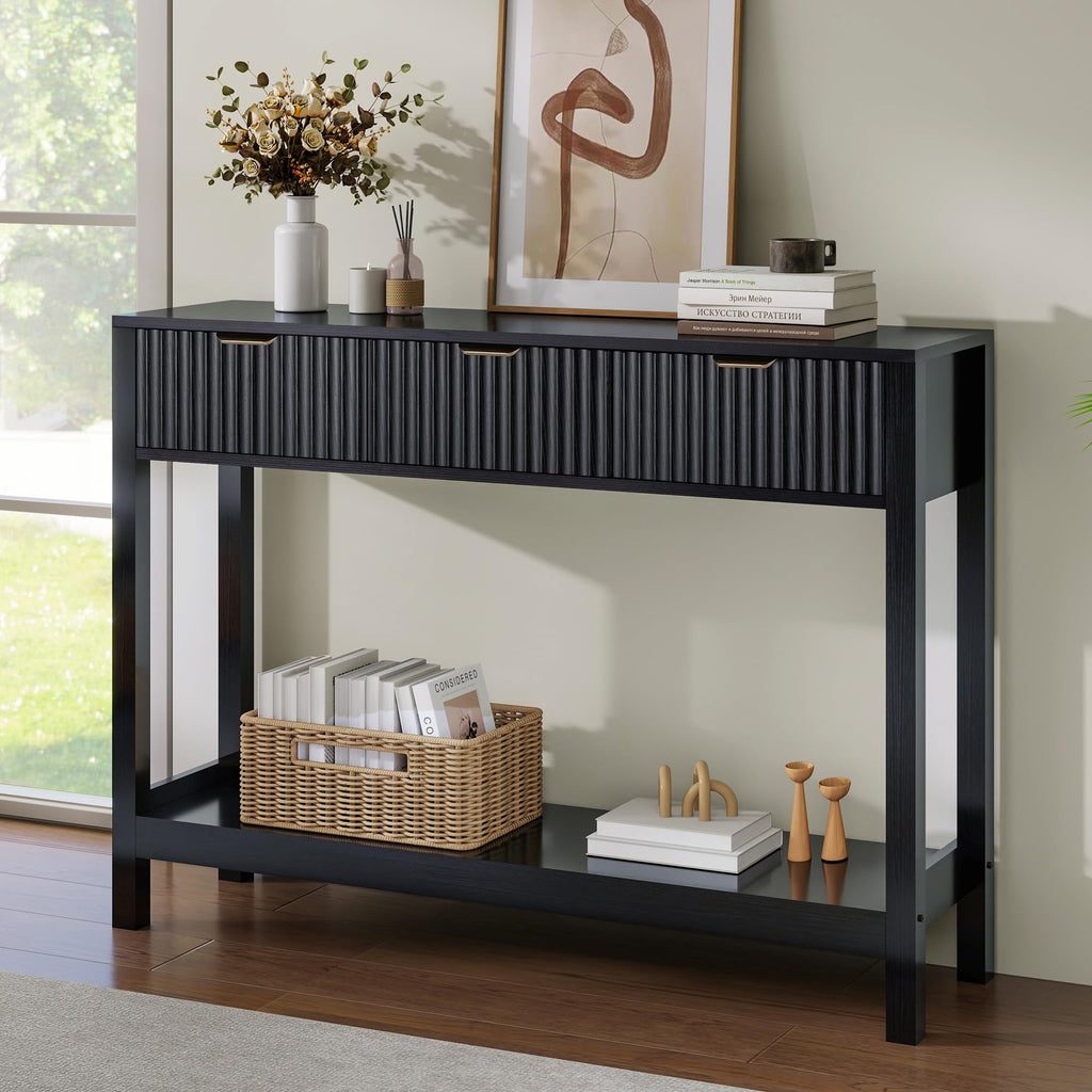Fluted Console Table, Wooden Sofa Table with Storage and Drawers, Farmhouse Behind Couch Table Entryway Table for