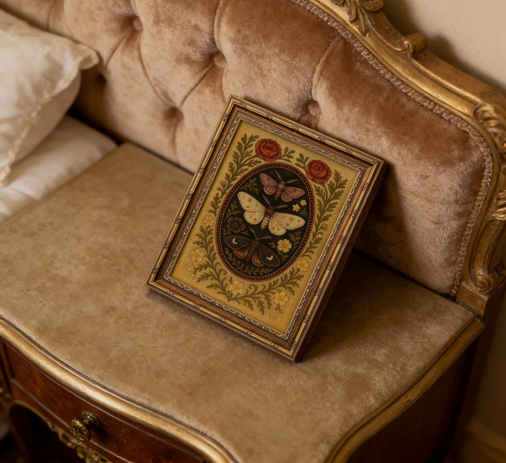 Vintage Gold Framed Butterfly Wall Art, Moody Moth Oil Painting Canvas Prints, Victorian Rose Gothic Picture Wall