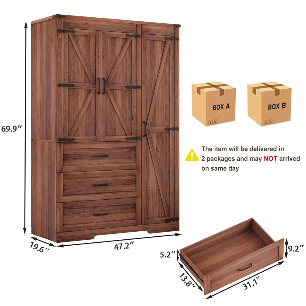 70" Tall Wardrobe Closet with 3 Doors & 3 Drawers, Farmhouse Armoire with Hanging Rod, Wooden Armoire Wardrobe Closet