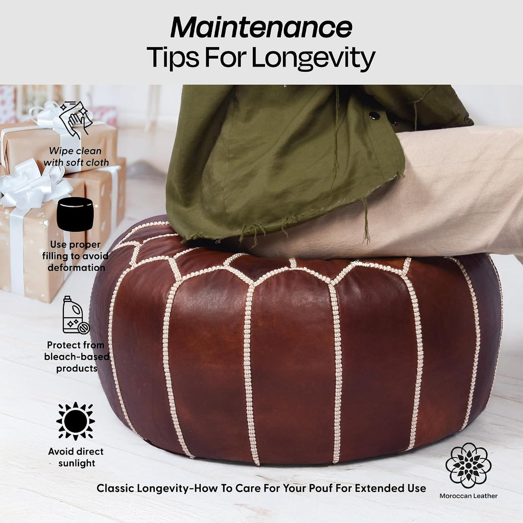 Pouf Ottoman Cover, Unstuffed Foot Stool, Round Boho Footrest Decor Gift (Dark Brown)