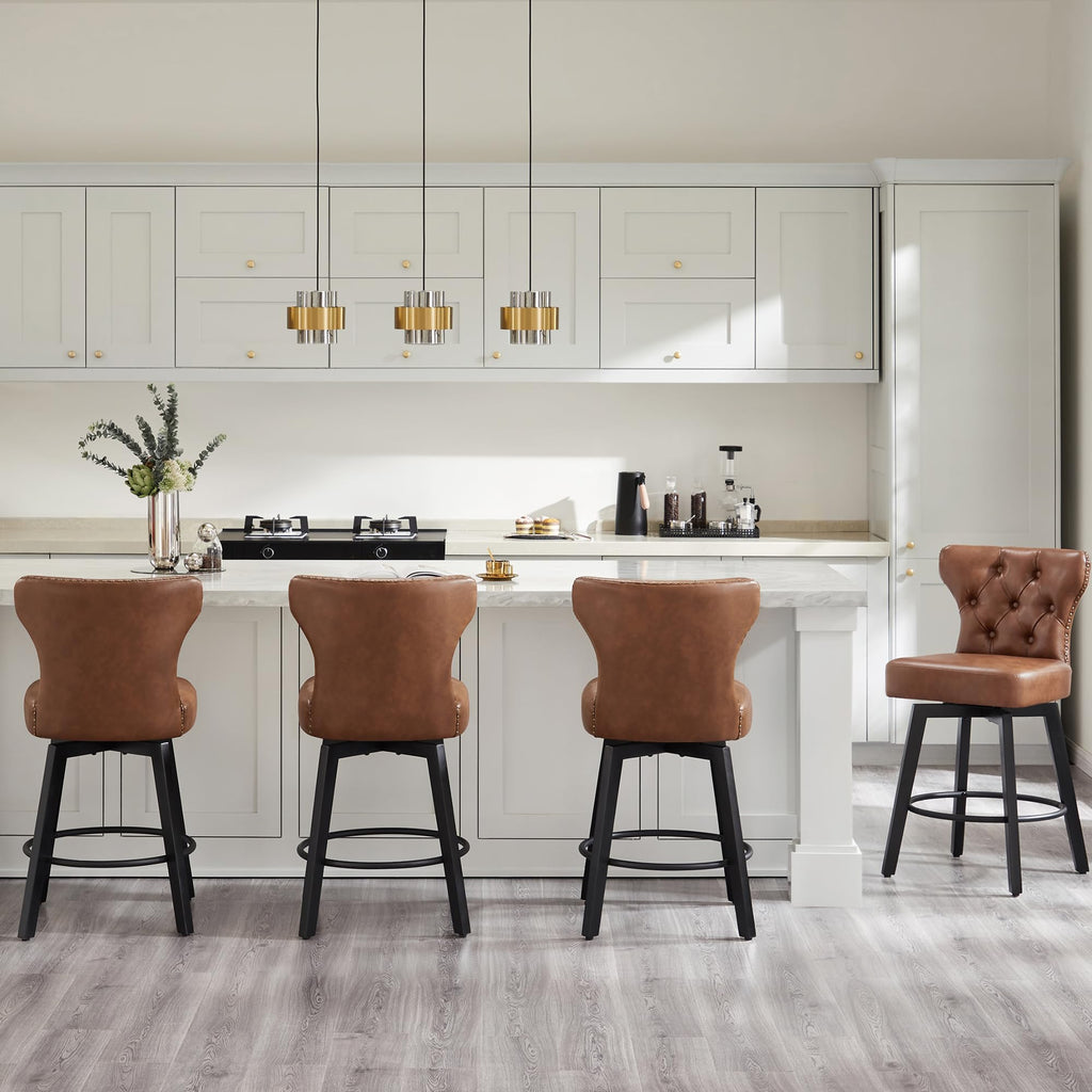 Counter Height Barstools 26 inch Upholstered Button Tufted Swivel Bar Stools with Back Island, Set of 2, Brown PU