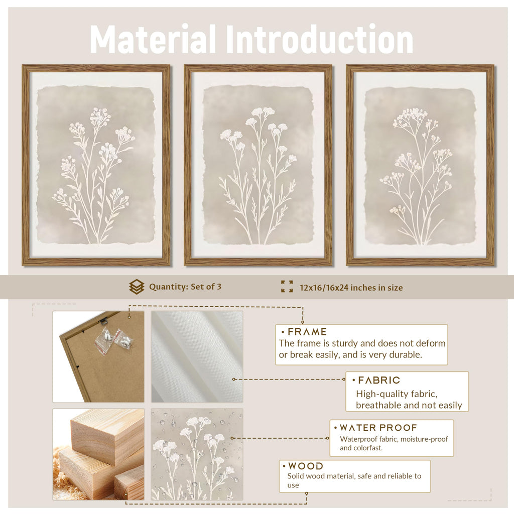 Framed Boho Botanical Flower Wall Art Set of 3, Vintage Minimalist Neutral Floral Wall Decor Paintings, Rustic
