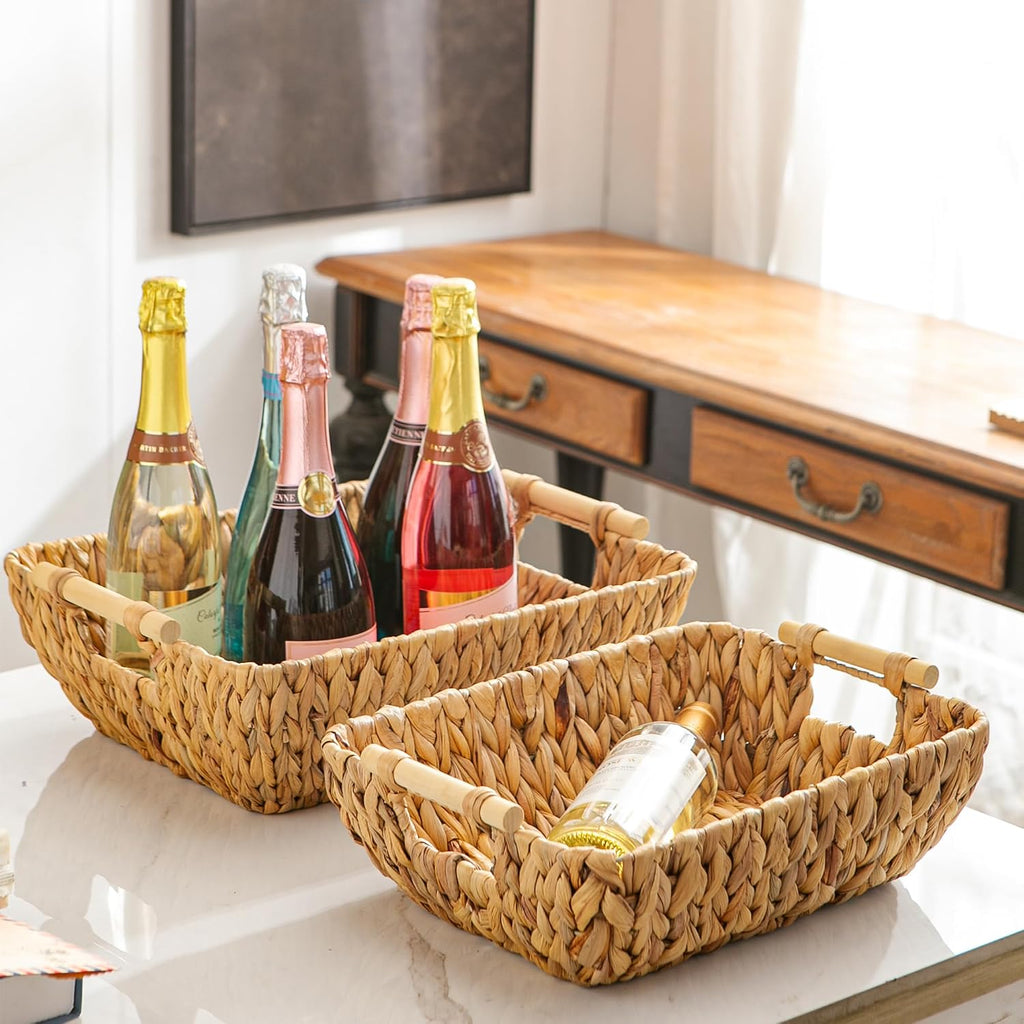 Woven Storage Baskets - Set of 3 Handwoven Water Hyacinth Wicker Baskets with Wooden Handles for Organizing