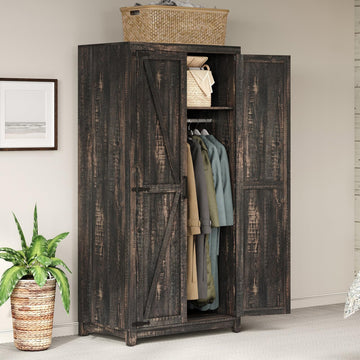 70" Large Farmhouse Wardrobe Closet with Hanging Rod & Barn Doors
