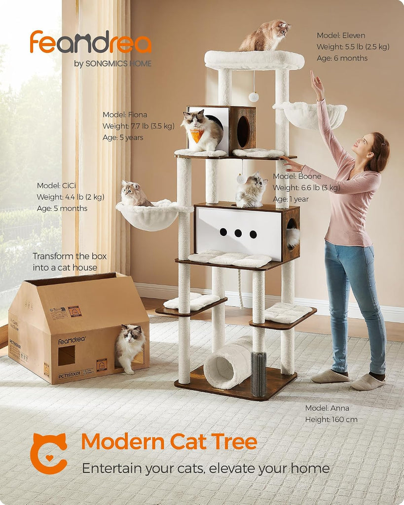 Cat Tree, 75.6-Inch Multi-Level Condo with 2 Caves, 2 Hammocks