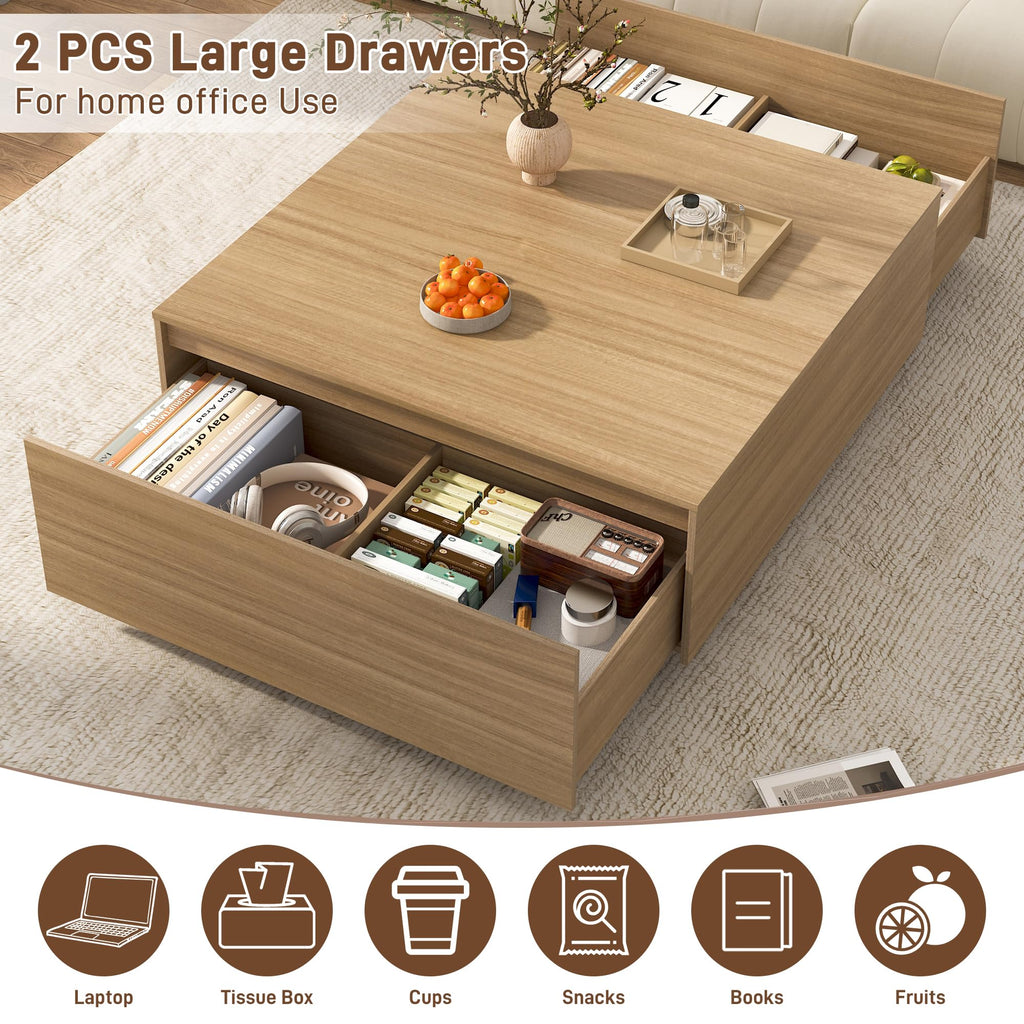 47 Inch Large Square Coffee Table with Storage, Wooden Coffee Table((OAK)