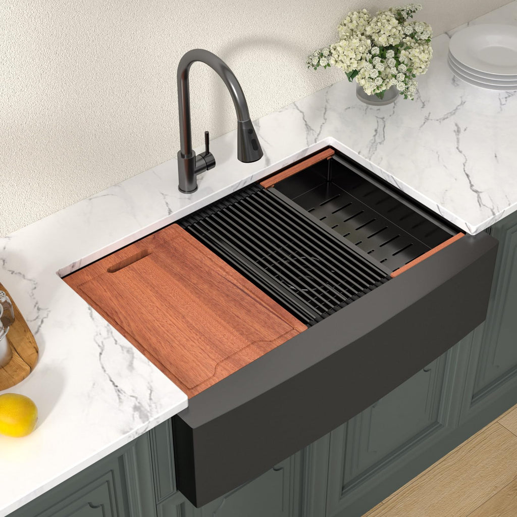 Matte Black Double Bowl Farmhouse Kitchen Sink Apront Front