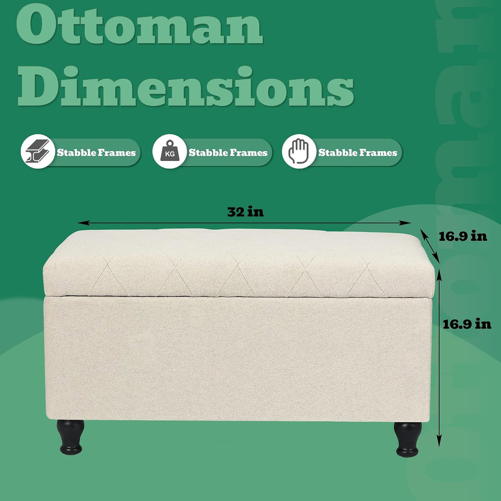 32'' Beige Fabric Upholstered Ottoman Storage Bench | Upholstered Ottoman with Storage , Entrance Foot Rest Stool