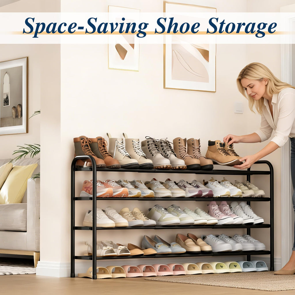 4 Tier Expandable Shoe Rack, Metal Small Shoes Shelf, Black