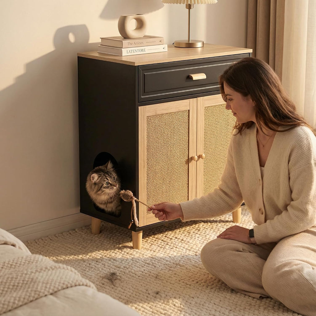 Cat Litter Box Enclosure Furniture Hidden Indoor 2-in-1 Wooden Cat House & Washroom Cabinet with Scratching Board