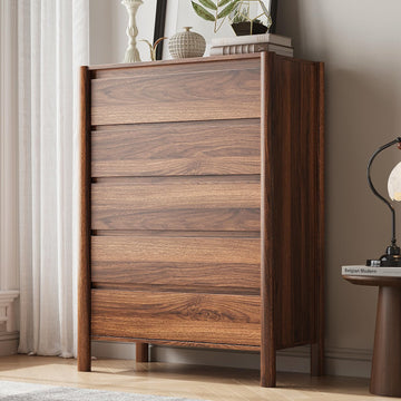 45" Tall Walnut 5 Drawer Dresser with Solid Wood Legs