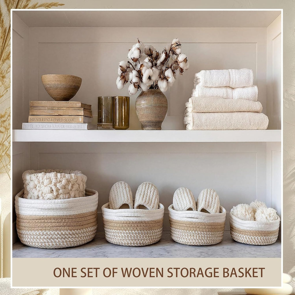 6 Pcs Boho Cotton Rope Storage Baskets for Organizing 3 Sizes Woven Shelf Basket Set Decorative Nesting Fabric Bins