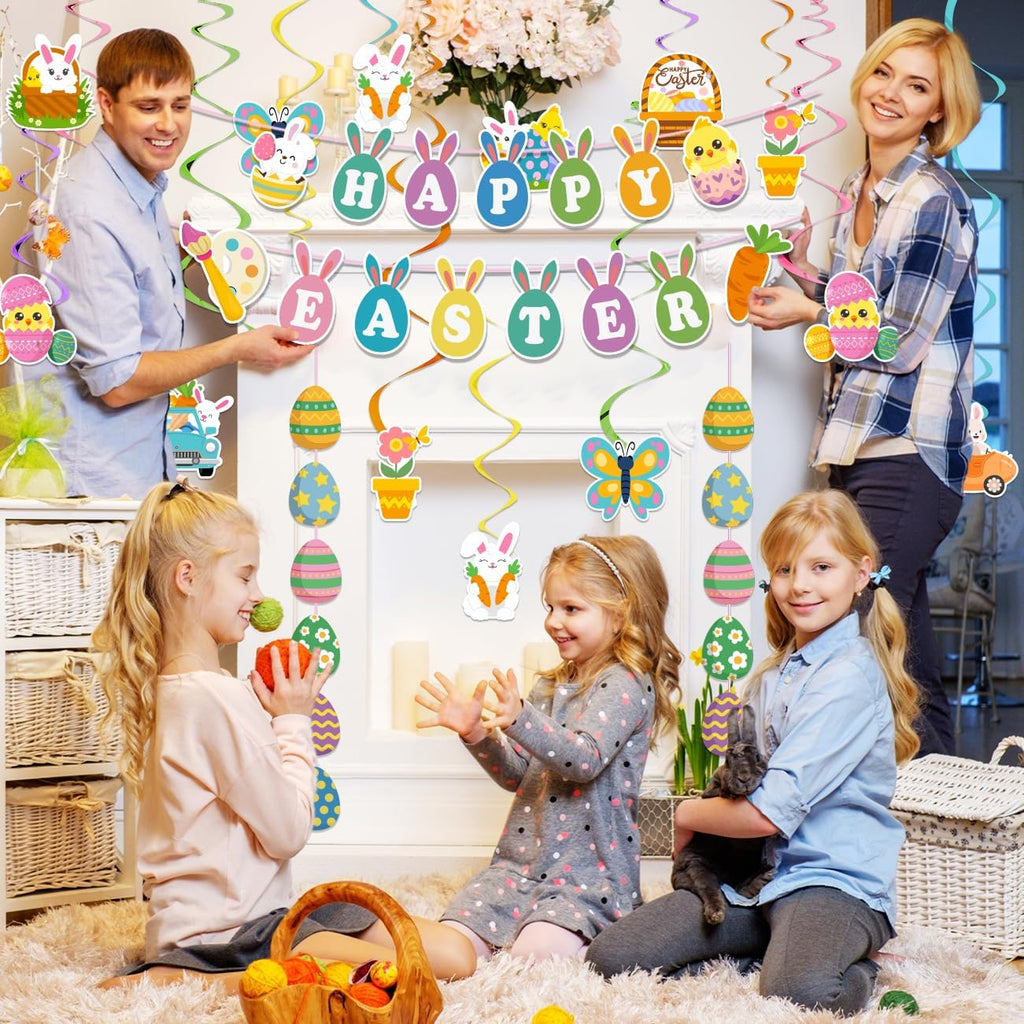 Easter Decorations Easter Garland Happy Easter Banner Easter Decorations Indoor with Egg Bunny Hanging Swirl - Set of 53