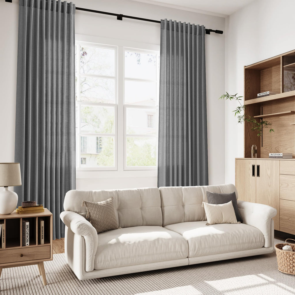 Blazer Grey Linen Curtains 90 Inch Long 2 Panels Set Living Room, Soft Linen Textured Window Drapes Semi Sheer Light