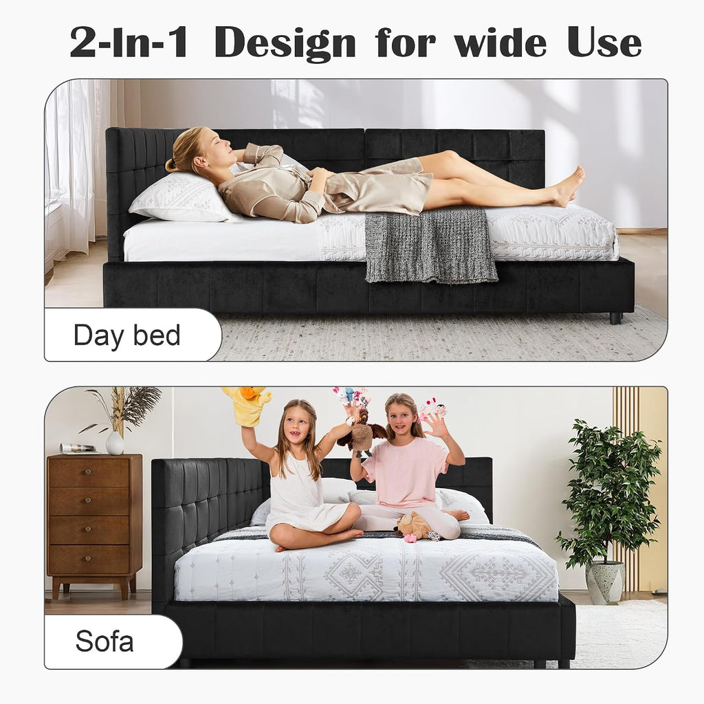 Queen Size Daybed L-Shaped, Modern Velvet Upholstered Sofa Day Bed Frame with Wood Slats Bedroom Guest Room, No Box