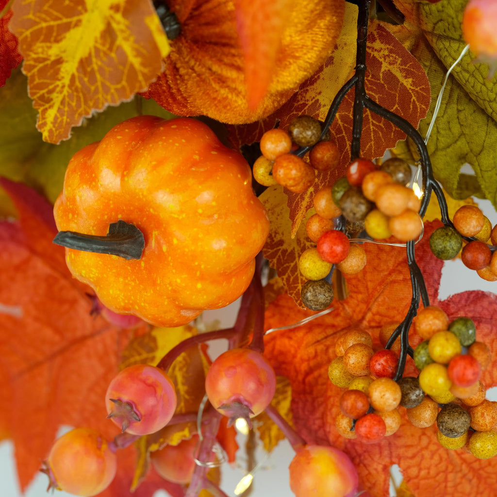 30" Pre-lit Fall Teardrop Swag, Pumpkin Maple Leaf 35 Fairy Light