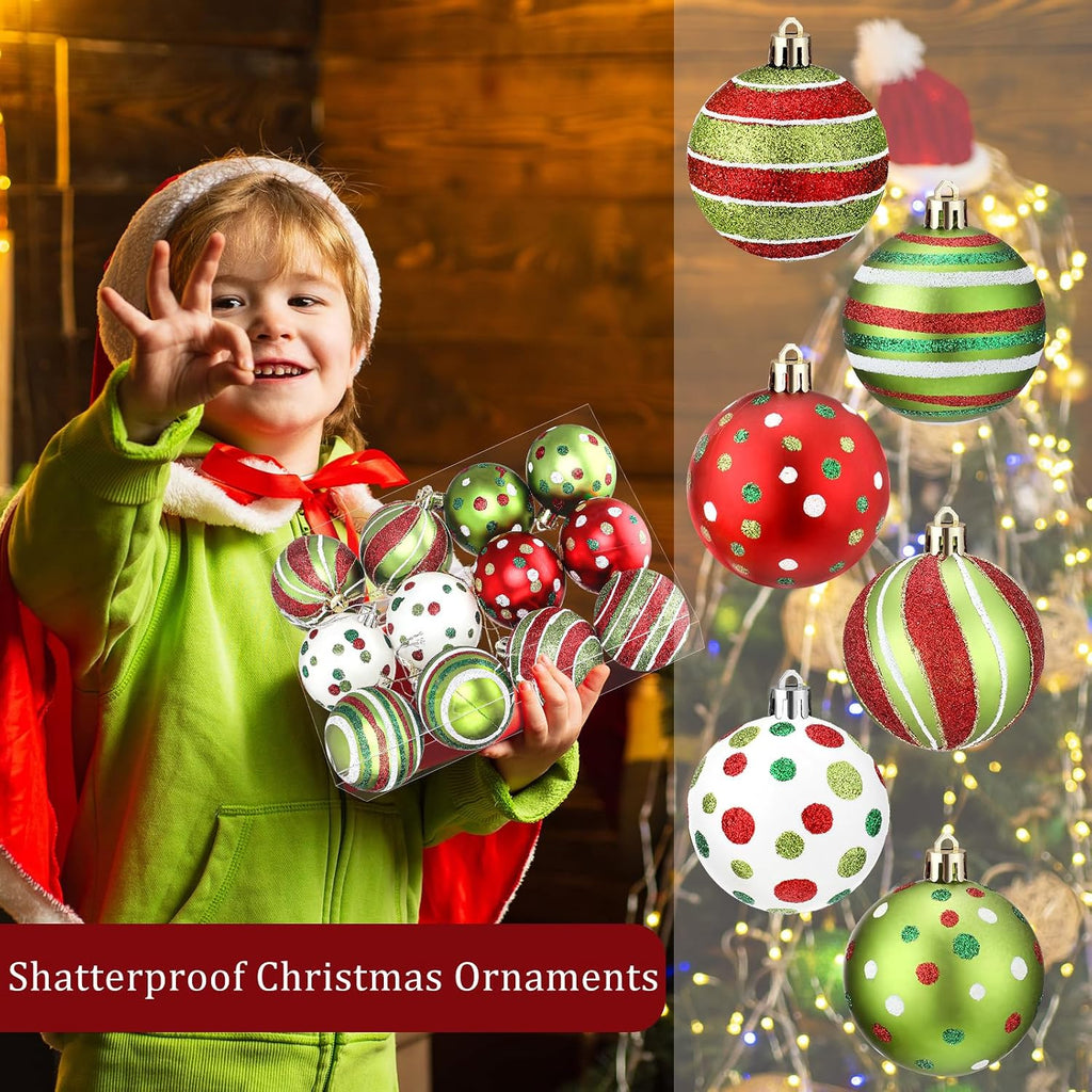 Christmas Tree Decoration Ball Ornament, Red White and Green - Set of 12