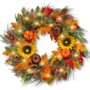 24Inch Lighted Fall Wreaths for Front Door with Timer, Fall Door Wreath