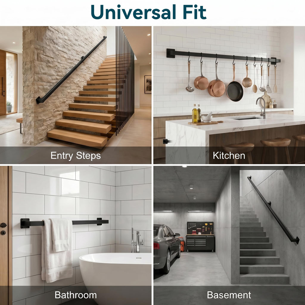 15FT Stair Railing Indoor Wall Mount, 500lb Black Handrail