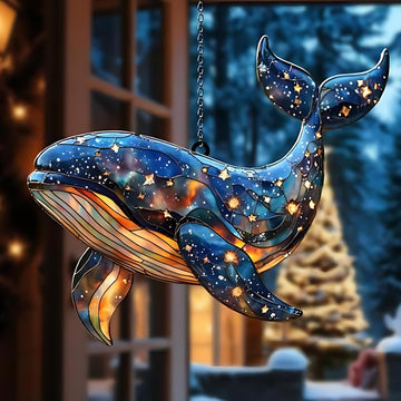 Celestial Whale Acrylic Suncatcher Size 5 inches, Stained Glass Effect Ocean Animal Window Hanging, Sea Life Decor