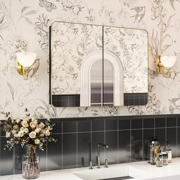 32x24 in Brushed Gold Double Door Medicine Cabinet with Mirror | Fully Assembled; Recessed or Surface Wall Mount;