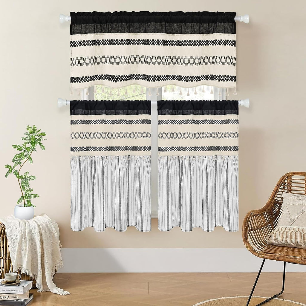 Farmhouse Linen Valance for Windows Boho Crochet Short Curtain with Tassel Country Black Valance for Kitchen Light