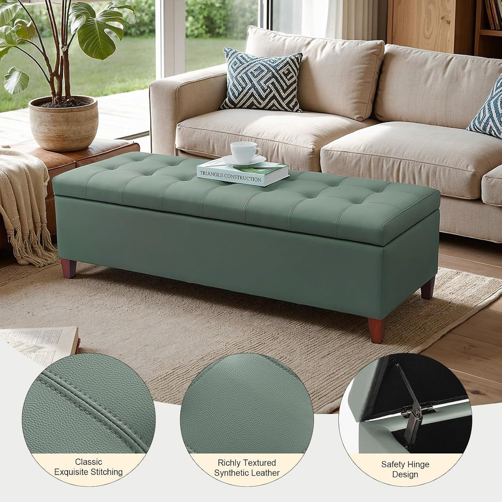 Ottoman with Storage, 51 Inch End of Bed Storage Bench, Faux Leather Upholstered Ottomans with Hinged Lid, Rectangle